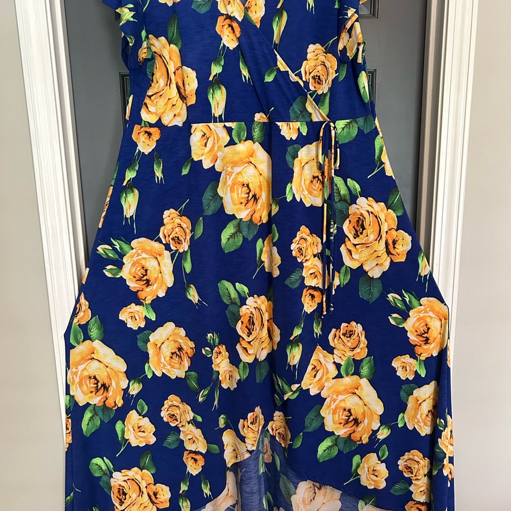 Floral Wrap Summer high low Dress in Blue with Yellow Flowers super comfy! - Picture 3 of 6